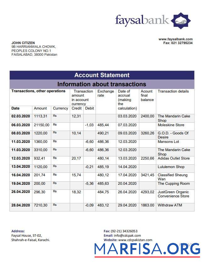 Downloadable Pakistan Faysal bank statement word sample